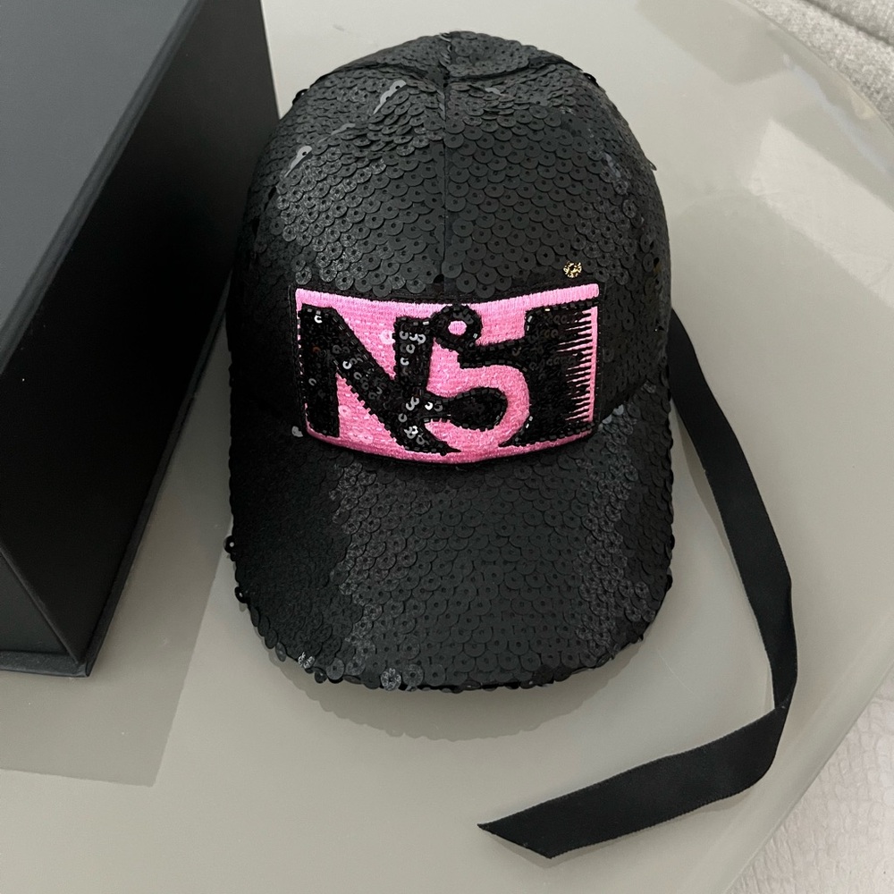CHANEL N5 Black Sequin Cap with Pink Accents - New with Tags